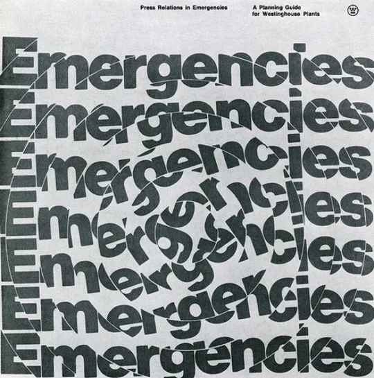 Grey cover where the word "Emergencies" repeats and spirals into the centre in heavy black letters.