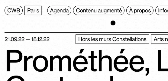 Top of a website with outlined menu buttons and a very large black headline on white.