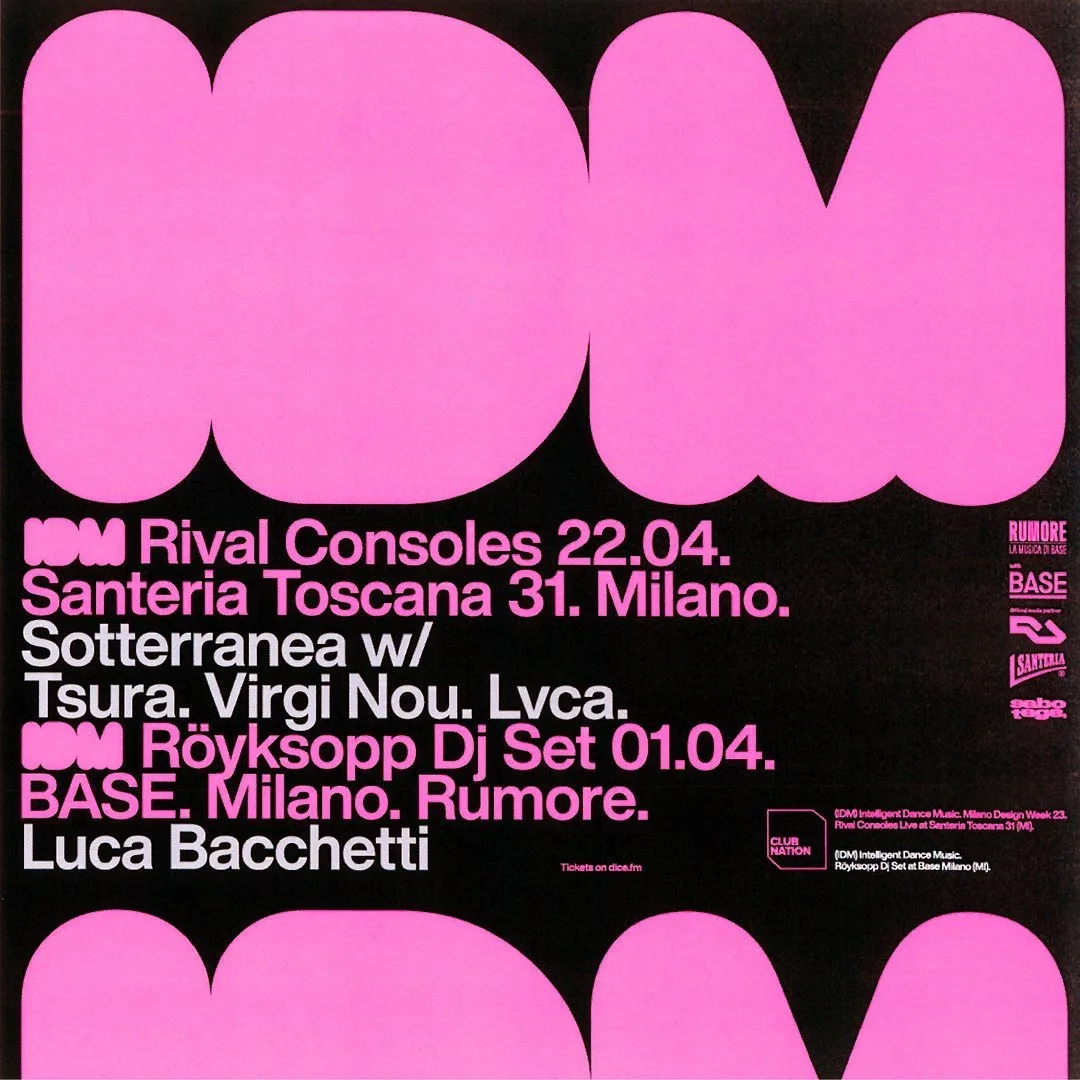 Black poster with huge rounded pink letters at the top and bottom, and event listings in pink and white between them.