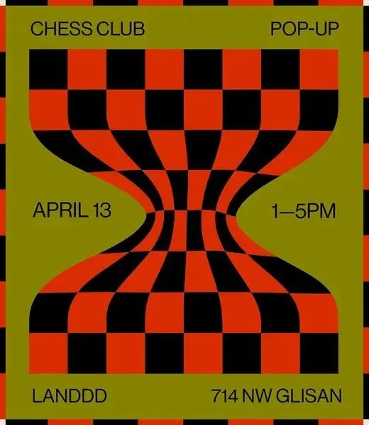 Poster for a chess club pop-up: a red and black checkerboard pinched into an hourglass on an olive field.