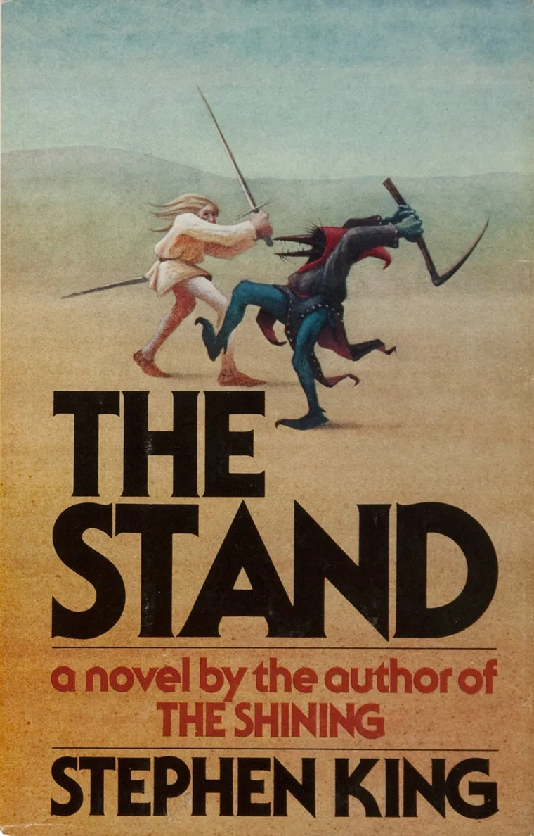 Book cover of The Stand with two figures fighting with swords above a heavy black title on an orange-tan ground.