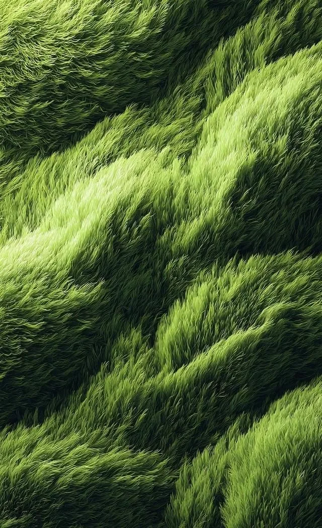 Soft, deep green fur or grass in rolling waves, like a hillside seen very close up.