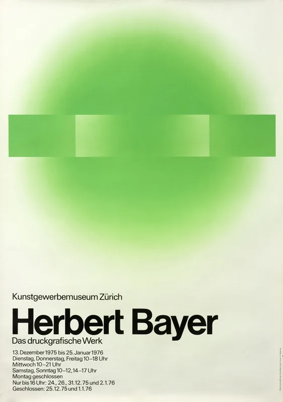 Poster for a Herbert Bayer exhibition at the Kunstgewerbemuseum Zürich: a soft green circle with a green bar across it, and bold black title text and small dates at the bottom.
