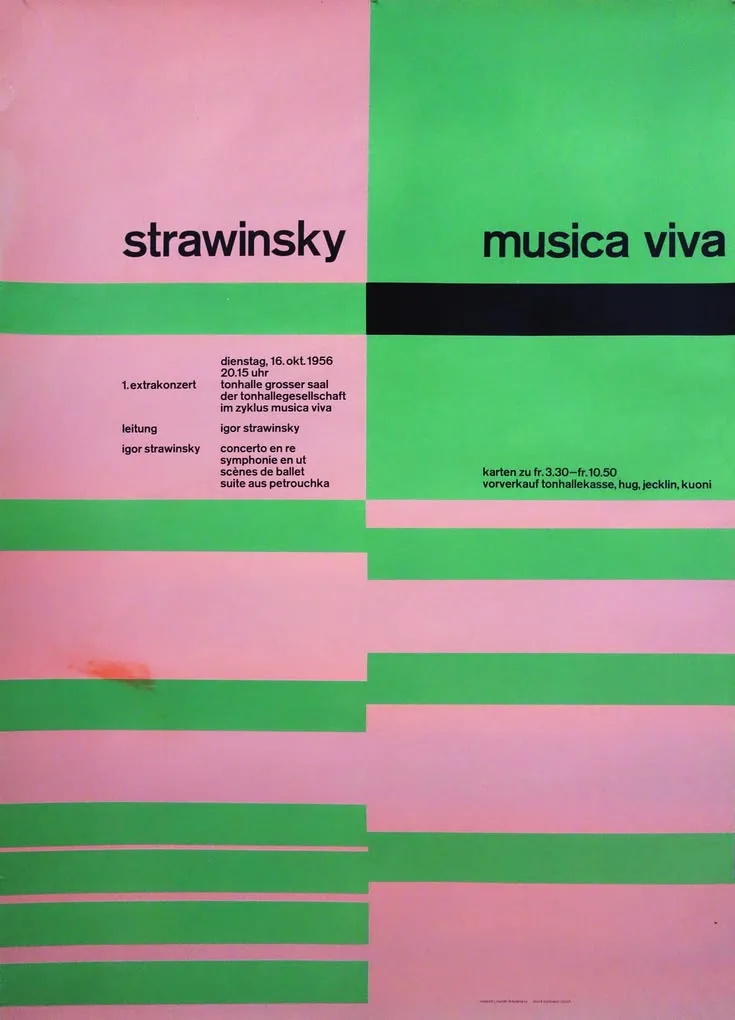 Strawinsky and musica viva concert poster split in two: pink with green stripes on the left, green with pink stripes and a black bar on the right, with small black text.