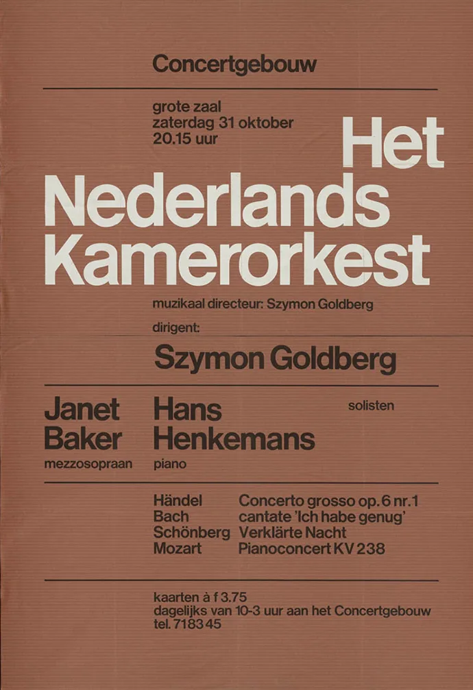 Dutch concert poster on brown paper: large white title "Het Nederlands Kamerorkest", with performers, programme and ticket details in black below.
